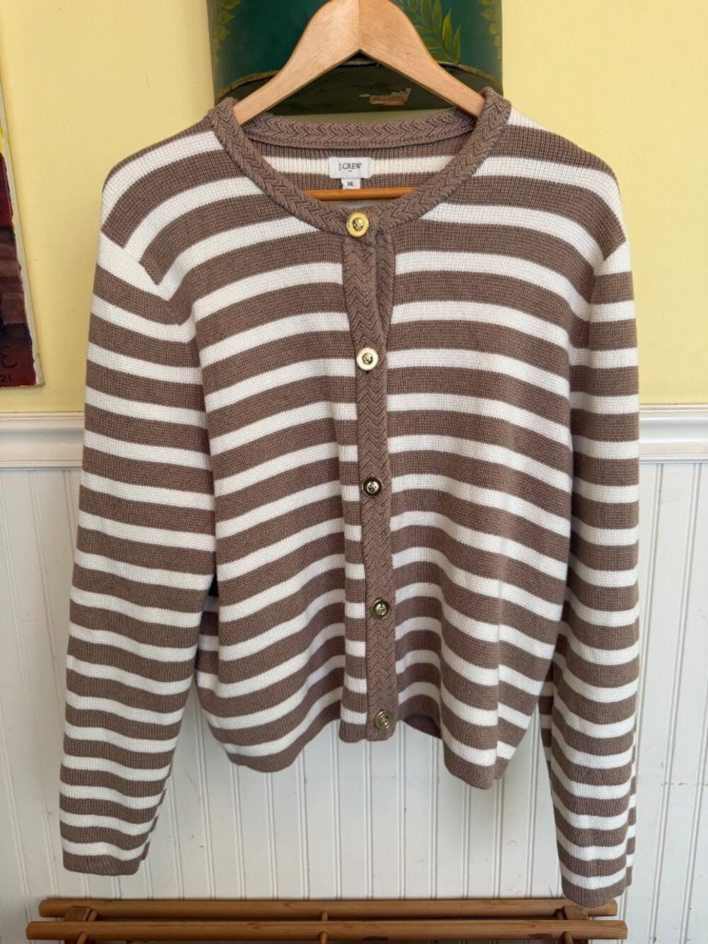 J.Crew Womens Brown & White Striped Button-Up Cardigan Sweater XL 100% Cotton